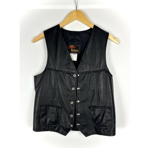 Vintage Black Leather Western Biker Vest - Snaps - Men's - Made in Canada - S/M - Picture 2 of 10